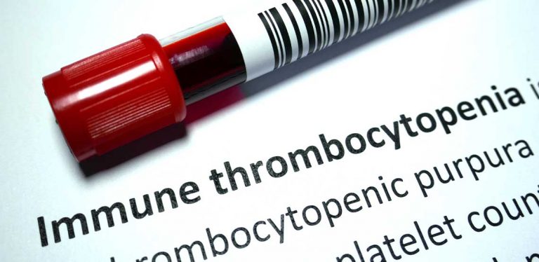 A vile of blood and the words "immune thrombocytopenia."