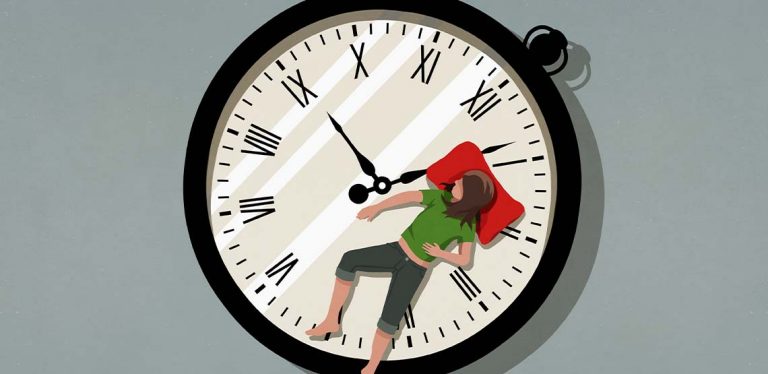 An illustration of a person sleeping on a clock.