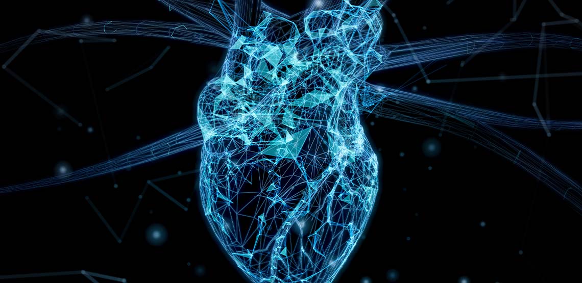 A blue and black holographic image of a heart.